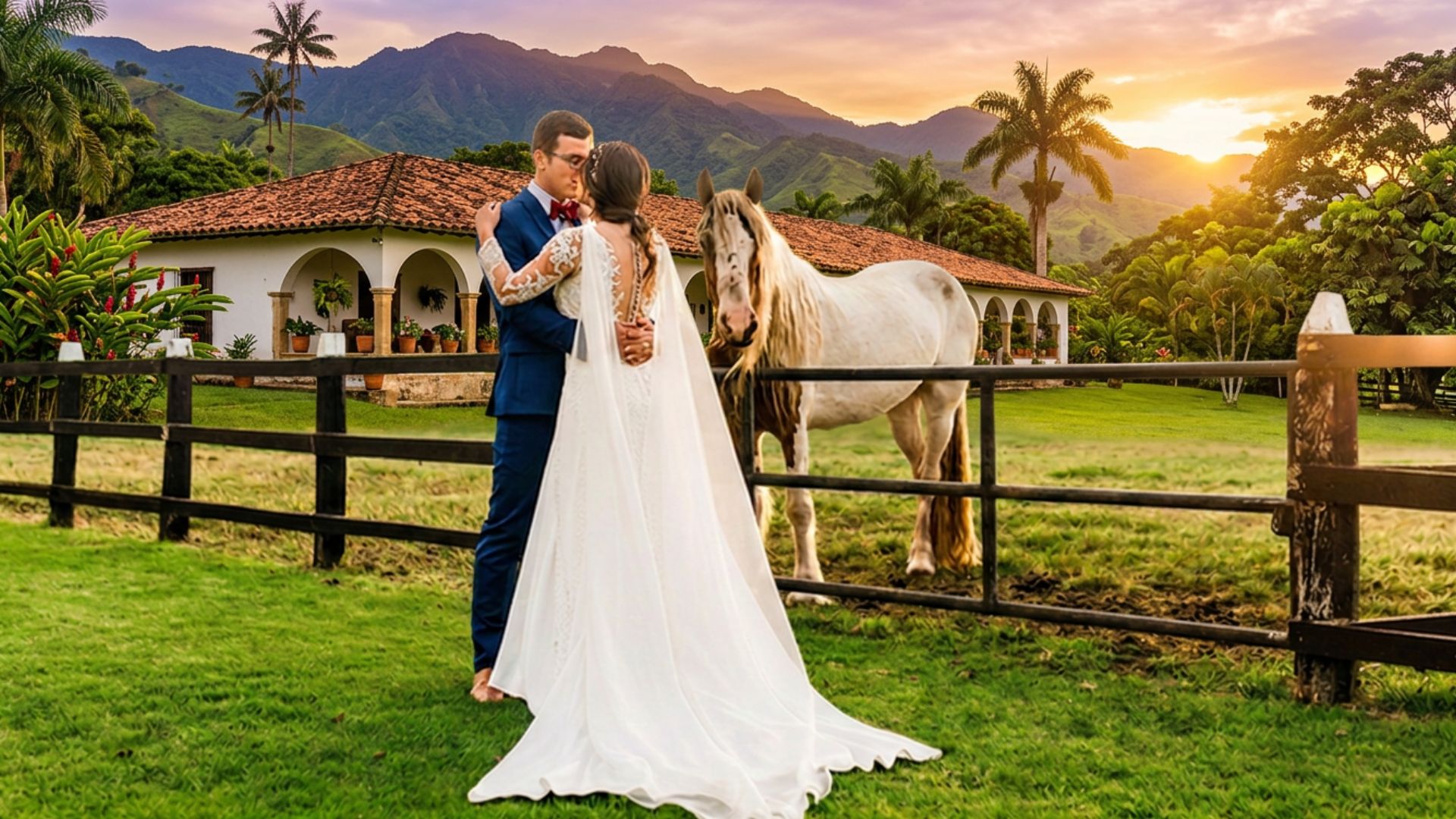 pareja el dia de su boda en la hacienda jardin secreto tenjo