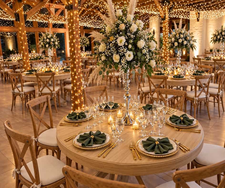 Boda elegante con flores y luz cálida