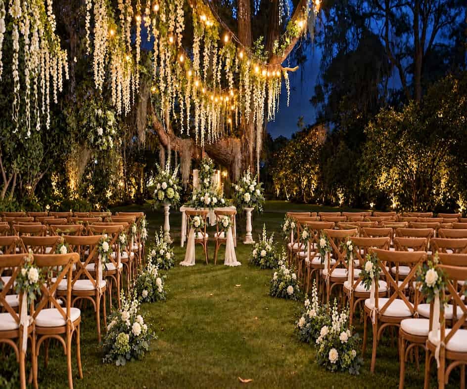 Ceremonia de boda en jardín al anochecer